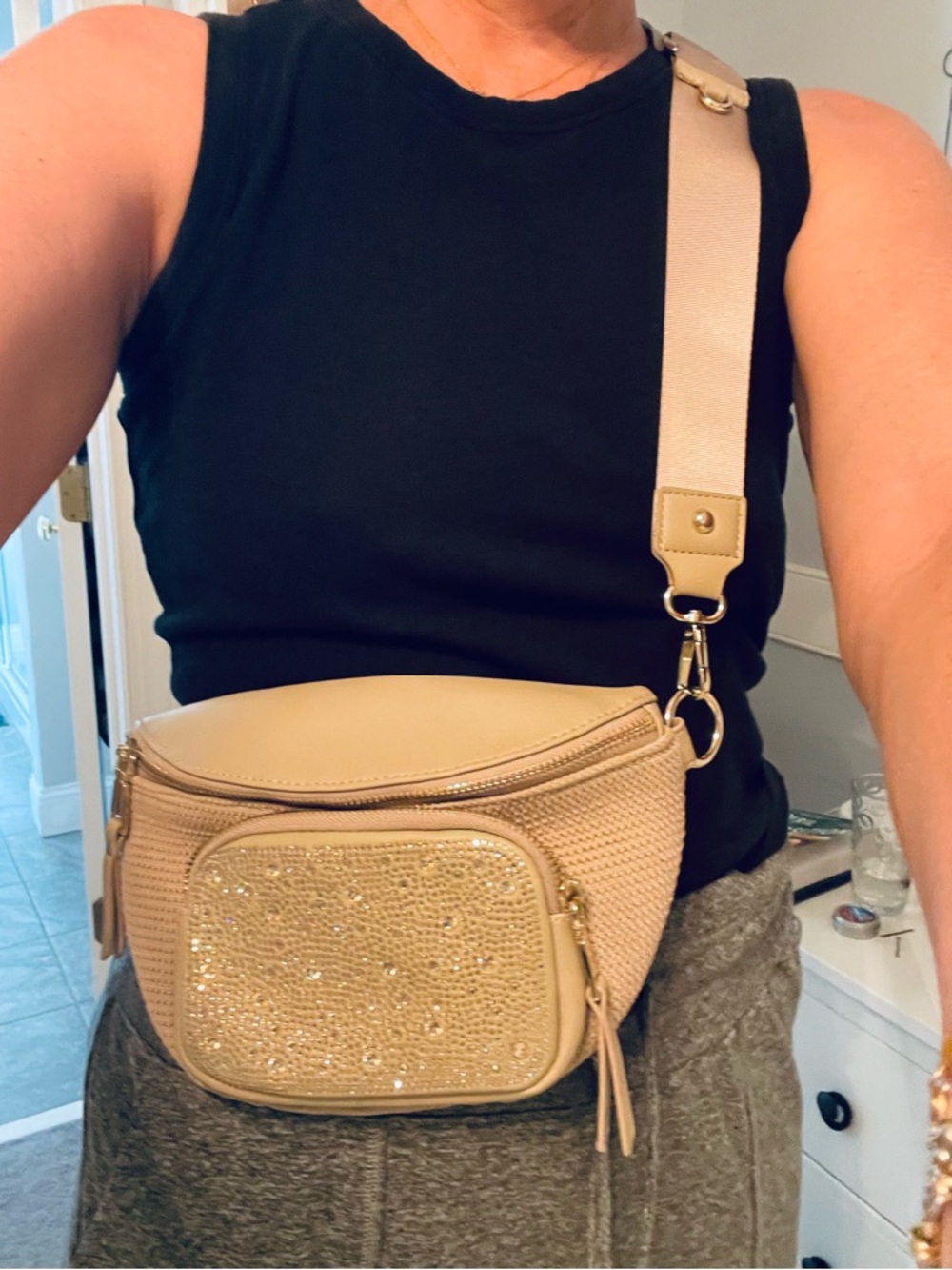Beige Sparkle Crossbody Waist Bag - Women